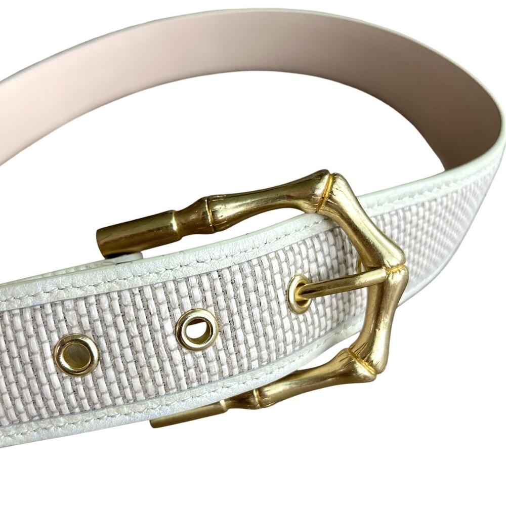 J.McLaughlin Jayla Grasscloth White Leather Raffia Belt Gold Bamboo Buckle M - Picture 2 of 15